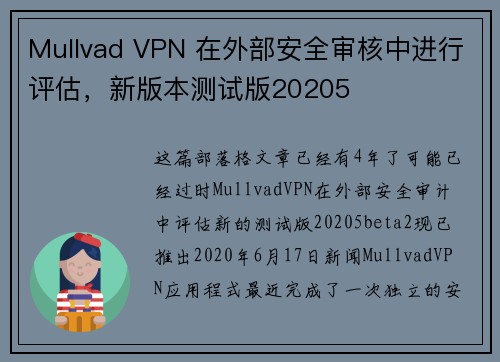 Mullvad VPN 在外部安全审核中进行评估，新版本测试版20205